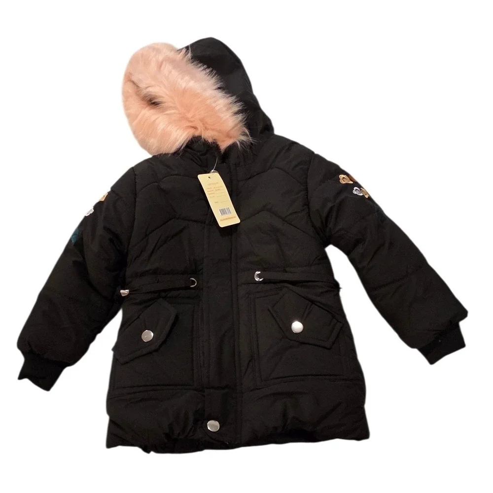 New Girls Black Quilted Puffer Jacket Pink Faux Fur Hood Floral‎ Embroidery 3-4Y